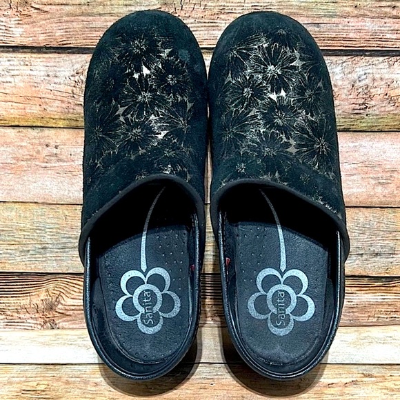 SANITA Shoes Suede Leather Professional Clogs Floral Black Gold Size 38  7.5 - Picture 5 of 8